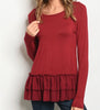 Ruffle Hem Long Sleeve Tee -Wine