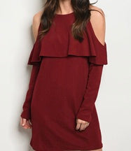 Wine Cold Shoulder Long Sleeved dress